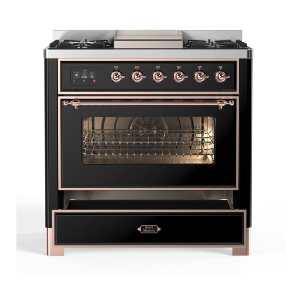 ILVE Majestic II 36 inch Triple Glass Door Natural Gas Dual Fuel Range Copper Glossy Black