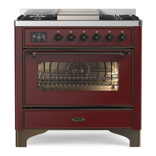 ILVE Majestic II 36" Burgundy Dual Fuel Range with 6 Burners and Griddle Triple Glass Door Liquid Propane