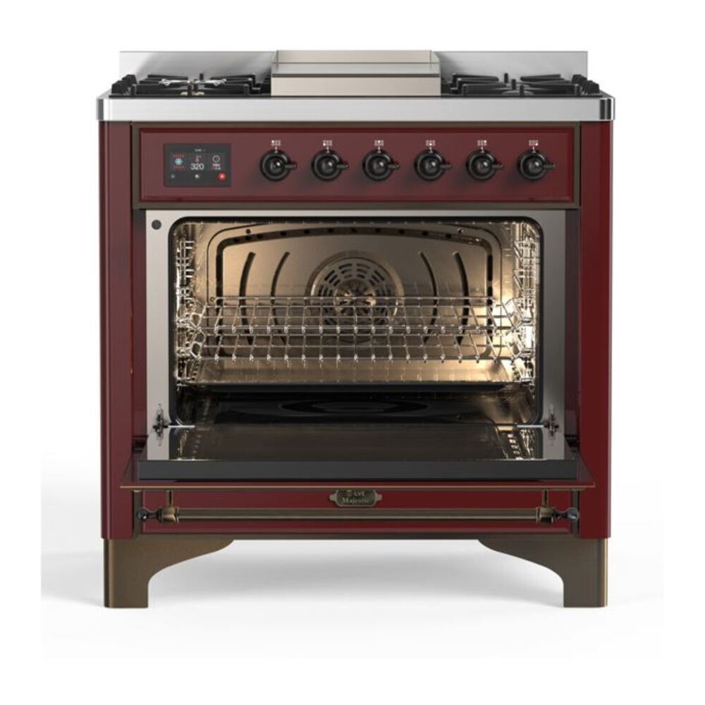ILVE Majestic II 36 inch Triple Glass Door Natural Gas Dual Fuel Range Burnished Burgundy