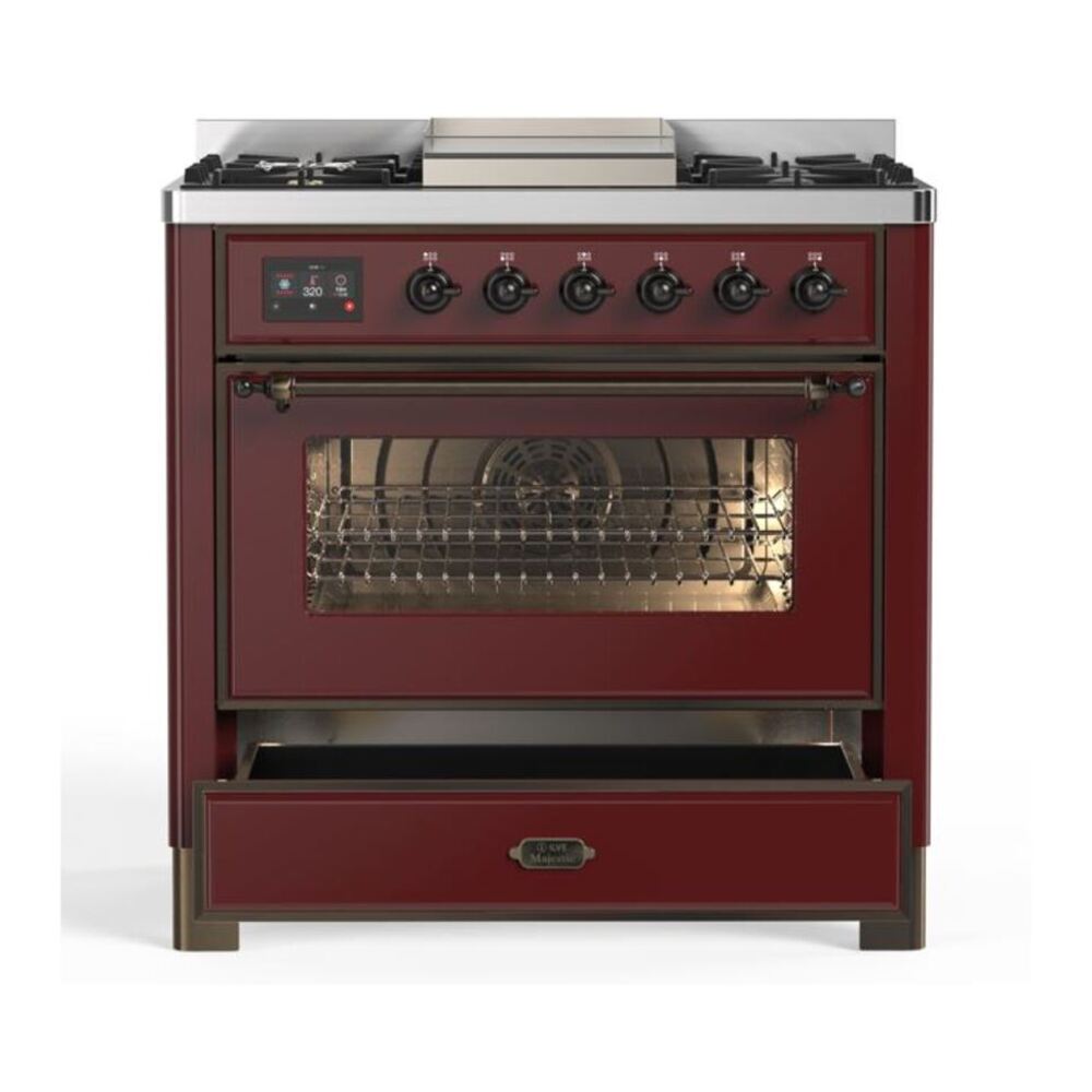ILVE Majestic II 36 inch Triple Glass Door Natural Gas Dual Fuel Range Burnished Burgundy