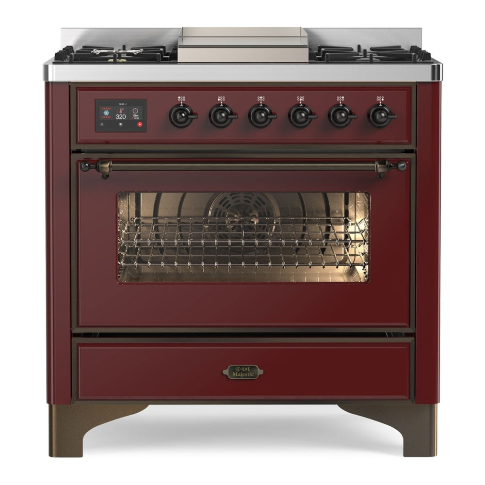ILVE Majestic II 36" Burgundy Dual Fuel Range with 6 Burners and Griddle Triple Glass Door Natural Gas