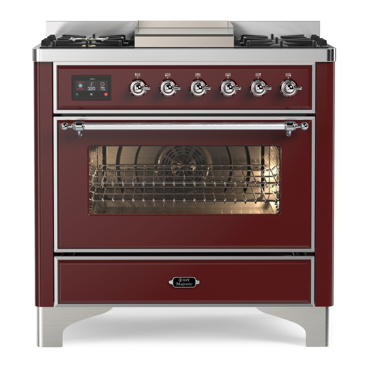 ILVE Majestic II 36" Burgundy Dual Fuel Range with 6 Burners and Griddle Triple Glass Door Natural Gas