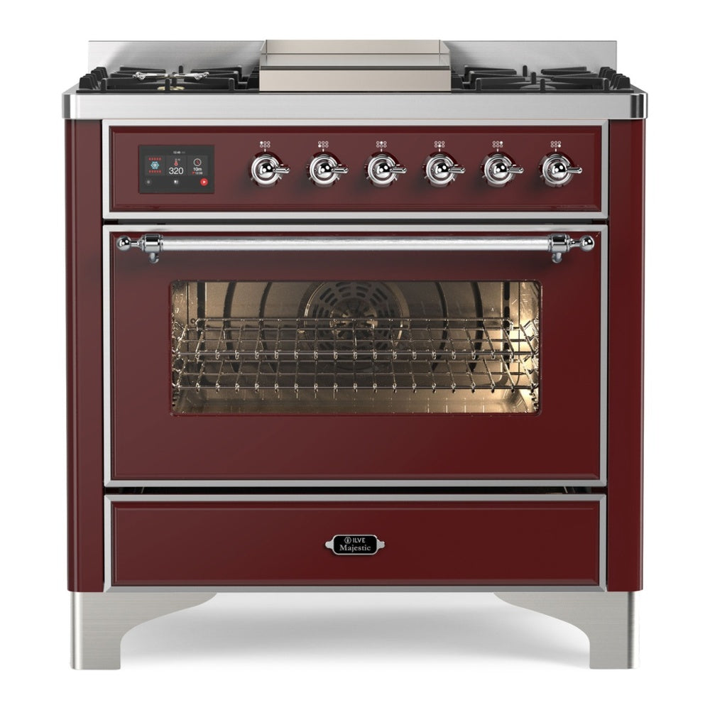 ILVE Majestic II 36 inch Triple Glass Door Natural Gas Dual Fuel Range Chrome Burgundy