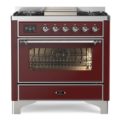 ILVE Majestic II 36 inch Triple Glass Door Natural Gas Dual Fuel Range Chrome Burgundy
