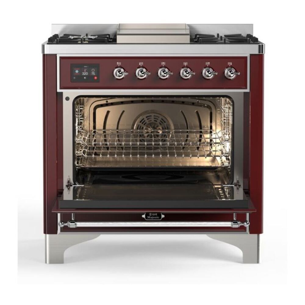 ILVE Majestic II 36 inch Triple Glass Door Natural Gas Dual Fuel Range Chrome Burgundy