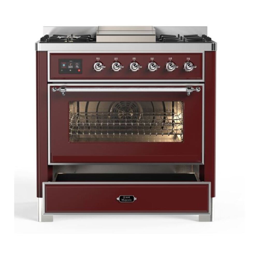 ILVE Majestic II 36 inch Triple Glass Door Natural Gas Dual Fuel Range Chrome Burgundy