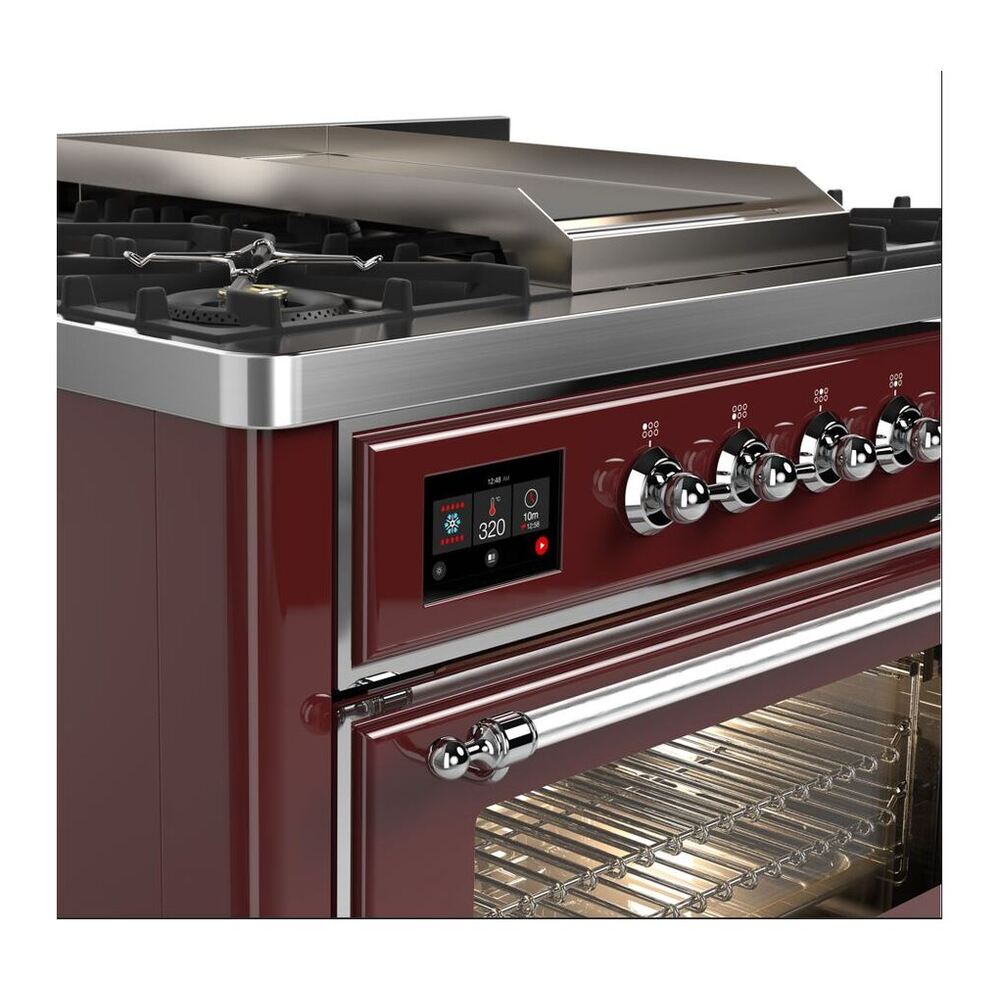 ILVE Majestic II 36 inch Triple Glass Door Natural Gas Dual Fuel Range Chrome Burgundy
