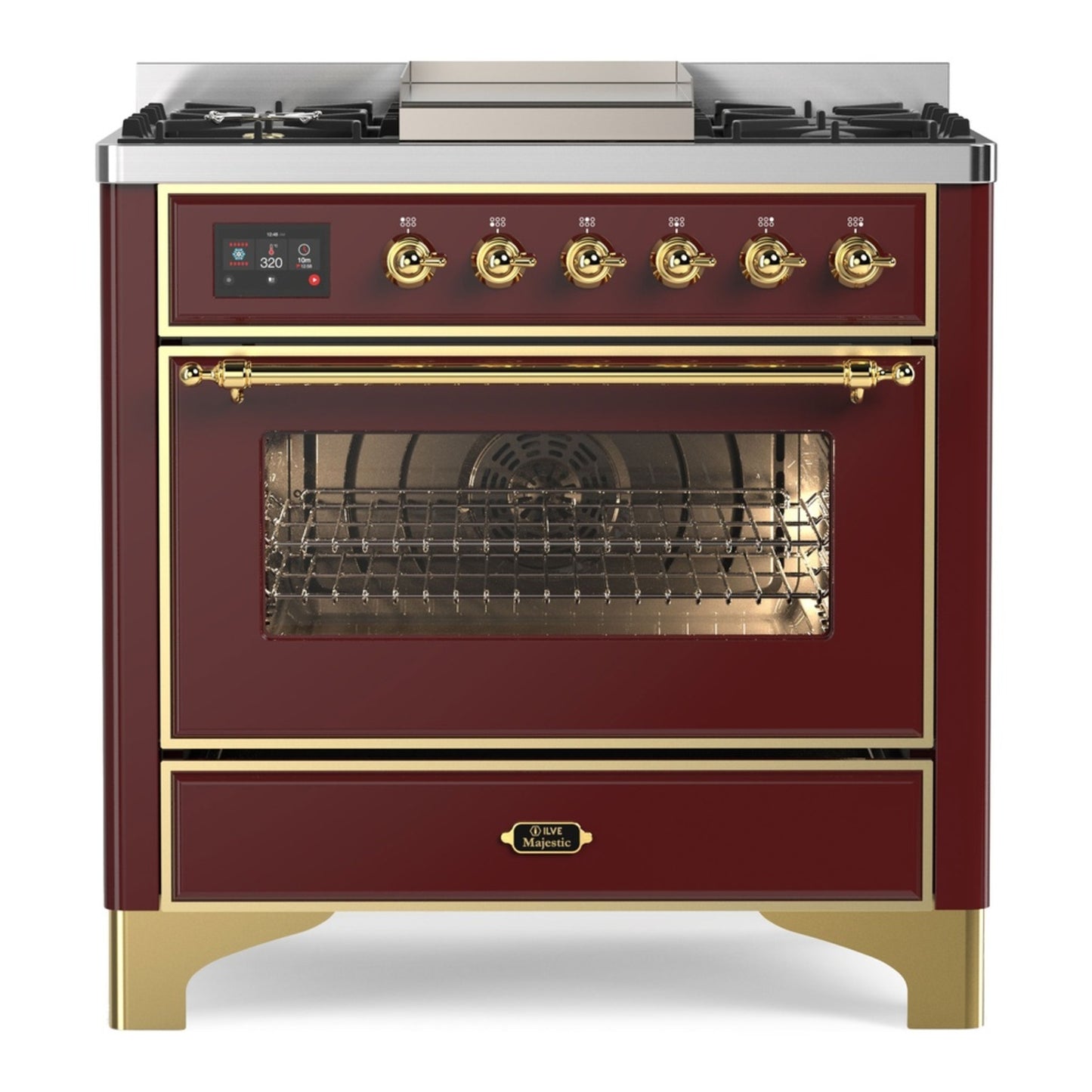 ILVE Majestic II 36" Burgundy Dual Fuel Range with 6 Burners and Griddle Triple Glass Door Natural Gas