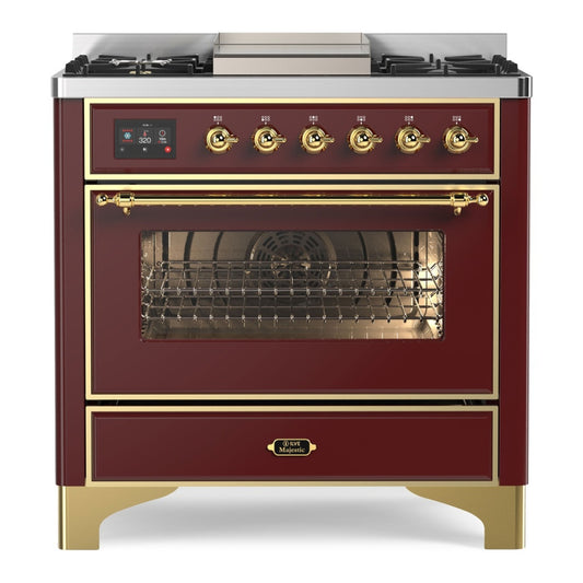 ILVE Majestic II 36" Burgundy Dual Fuel Range with 6 Burners and Griddle Triple Glass Door Natural Gas