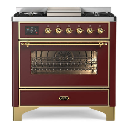 ILVE Majestic II 36 inch Triple Glass Door Natural Gas Dual Fuel Range Brass Burgundy