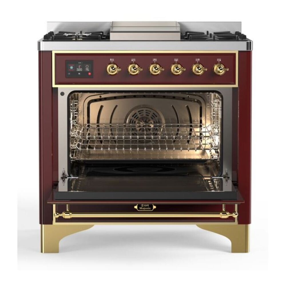 ILVE Majestic II 36 inch Triple Glass Door Natural Gas Dual Fuel Range Brass Burgundy