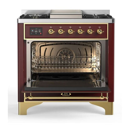 ILVE Majestic II 36 inch Triple Glass Door Natural Gas Dual Fuel Range Brass Burgundy