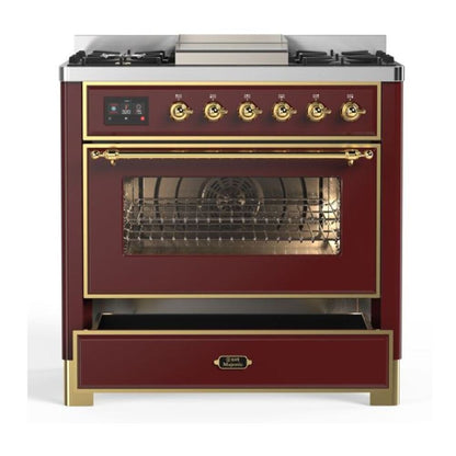 ILVE Majestic II 36 inch Triple Glass Door Natural Gas Dual Fuel Range Brass Burgundy