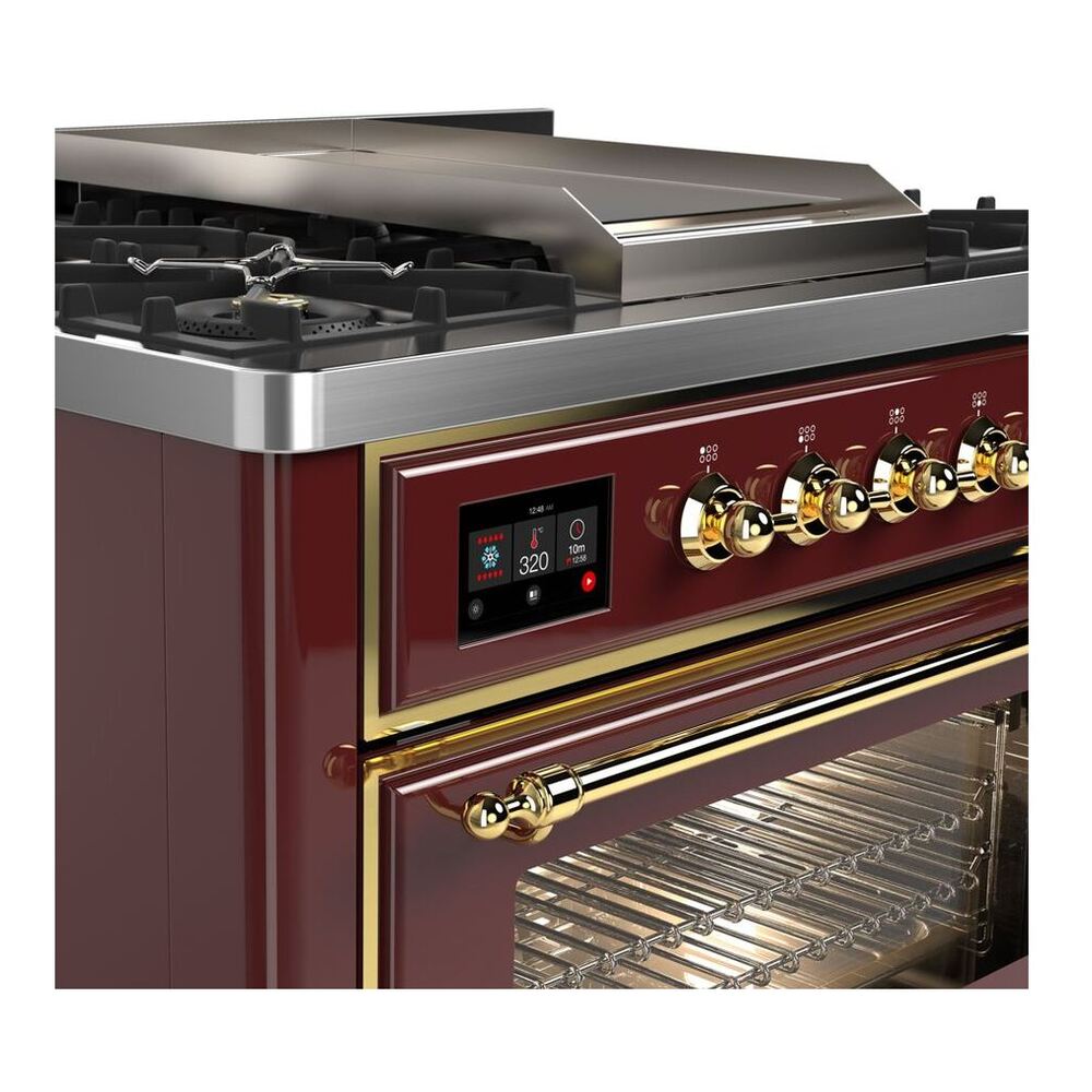 ILVE Majestic II 36 inch Triple Glass Door Natural Gas Dual Fuel Range Brass Burgundy