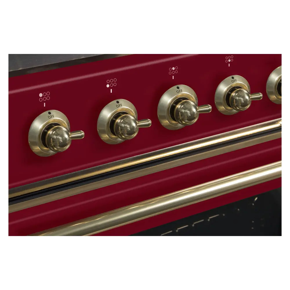 ILVE Majestic II 36 inch Triple Glass Door Natural Gas Dual Fuel Range Brass Burgundy