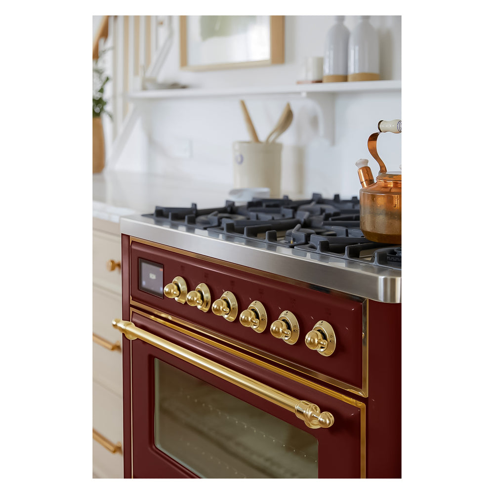 ILVE Majestic II 36 inch Triple Glass Door Natural Gas Dual Fuel Range Brass Burgundy