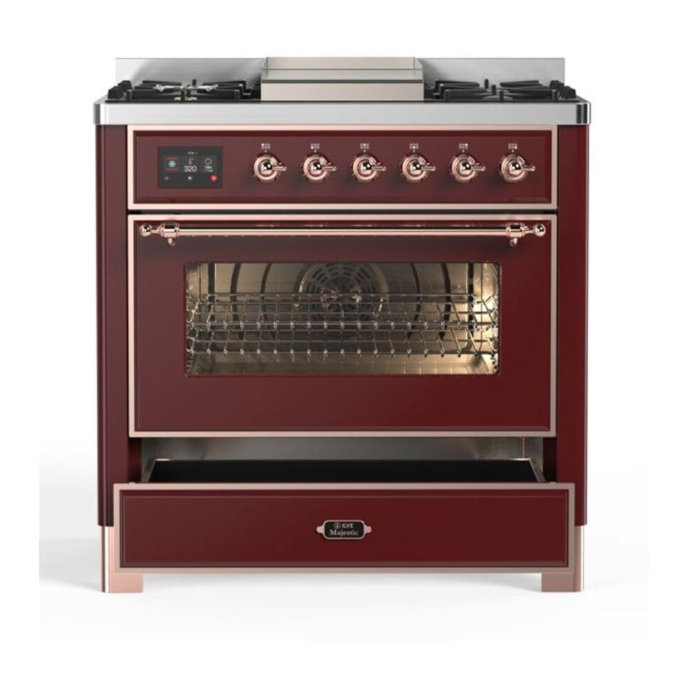 ILVE Majestic II 36 inch Triple Glass Door Natural Gas Dual Fuel Range Copper Burgundy