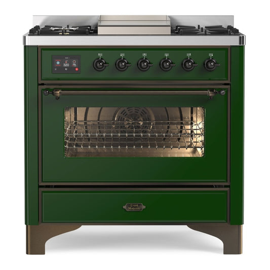 ILVE Majestic II 36" Emerald Green Dual Fuel Range with 6 Burners and Griddle Triple Glass Door Natural Gas