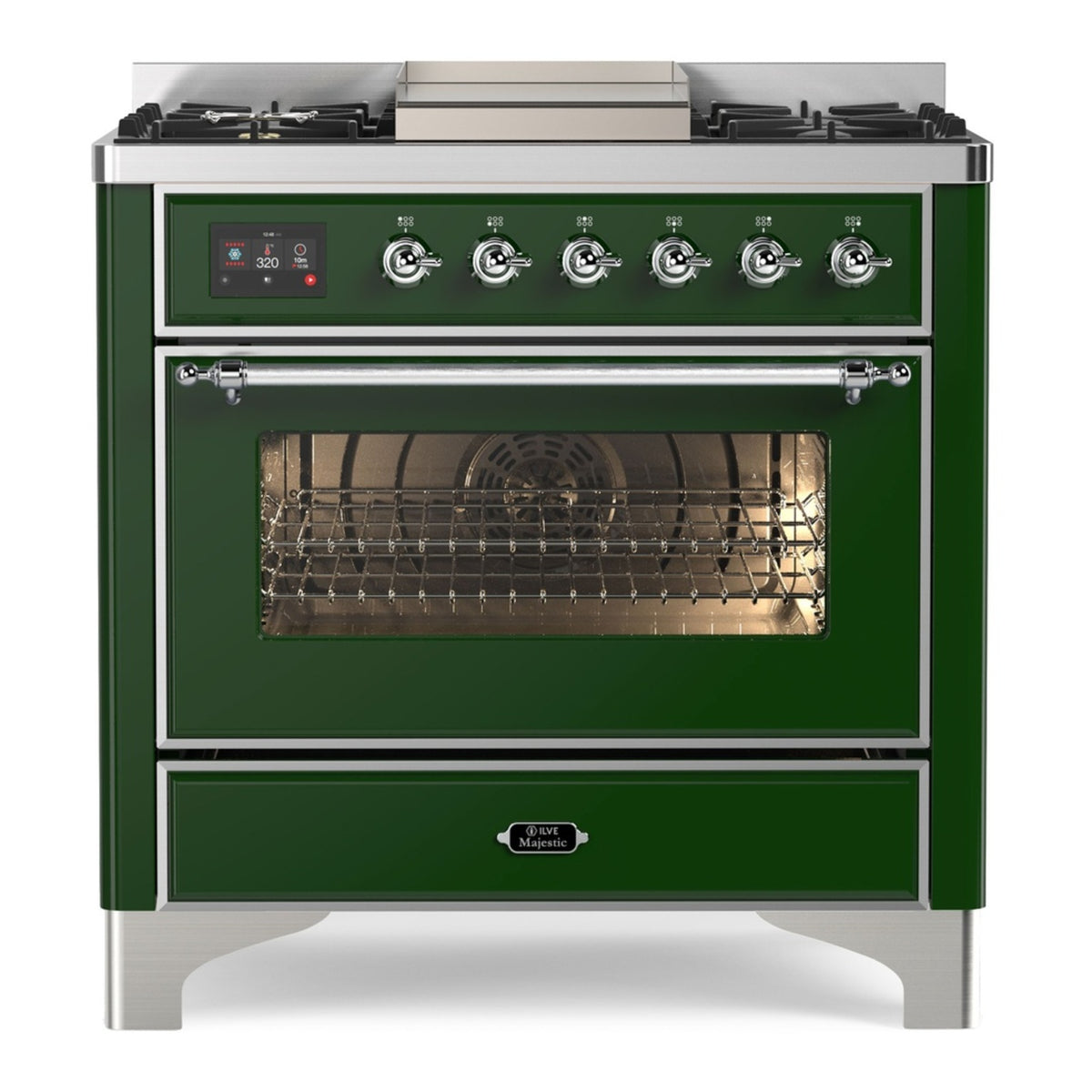 ILVE Majestic II 36" Emerald Green Dual Fuel Range with 6 Burners and Griddle Triple Glass Door Natural Gas
