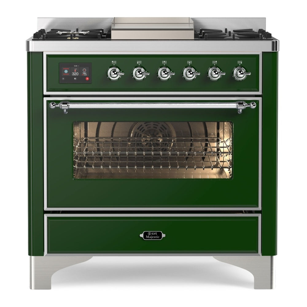ILVE Majestic II 36 inch Triple Glass Door Natural Gas Dual Fuel Range Chrome Emerald Green