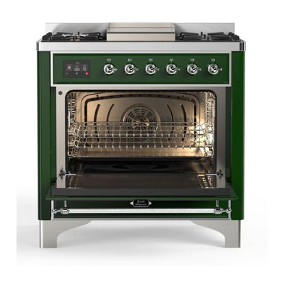 ILVE Majestic II 36 inch Triple Glass Door Natural Gas Dual Fuel Range Chrome Emerald Green