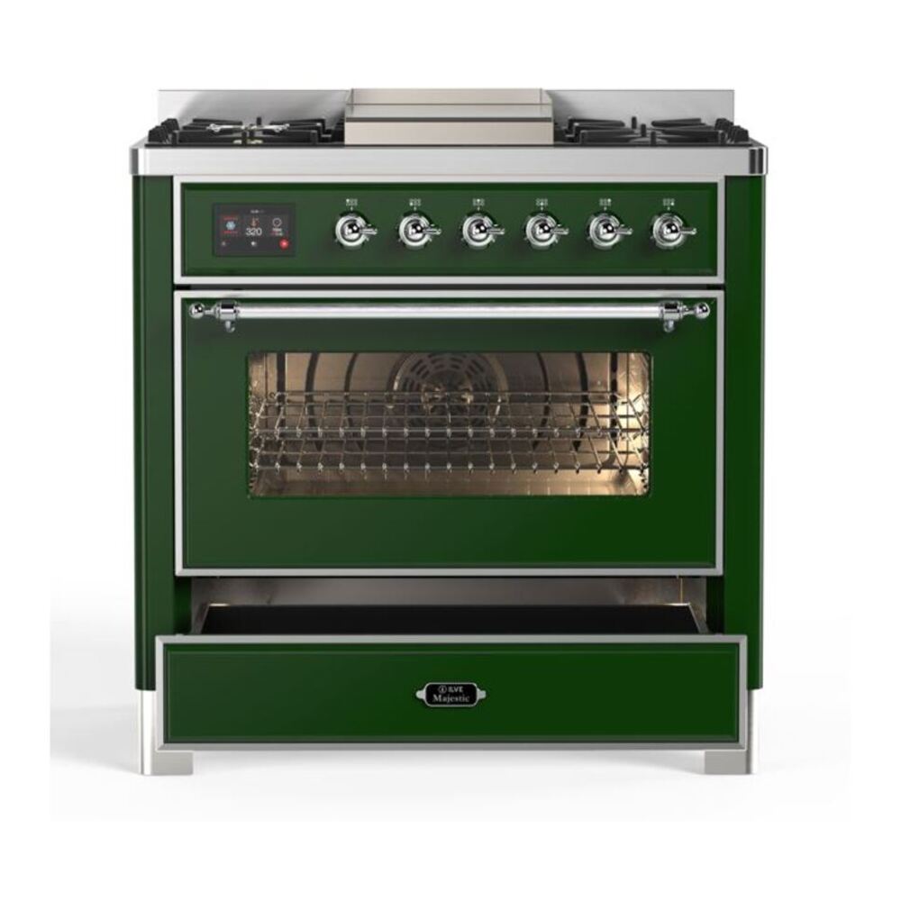 ILVE Majestic II 36 inch Triple Glass Door Natural Gas Dual Fuel Range Chrome Emerald Green