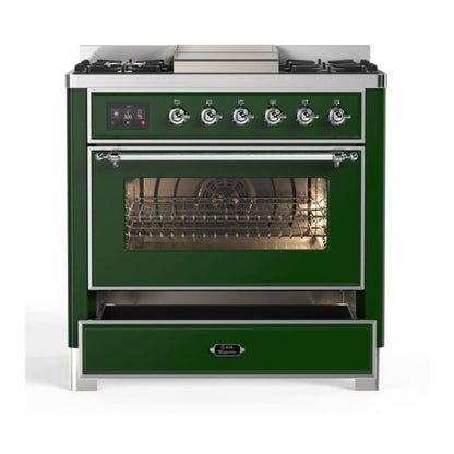 ILVE Majestic II 36 inch Triple Glass Door Natural Gas Dual Fuel Range Chrome Emerald Green