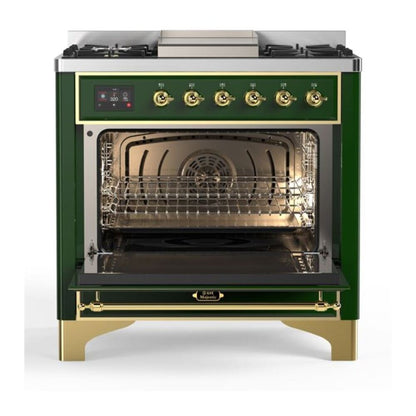 ILVE Majestic II 36 inch Triple Glass Door Natural Gas Dual Fuel Range Brass Emerald Green