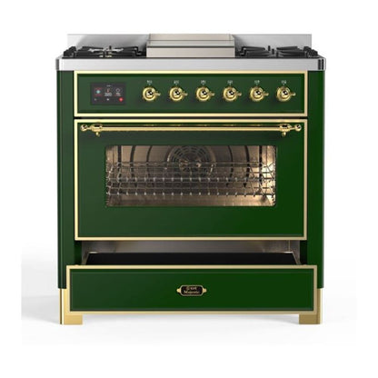 ILVE Majestic II 36 inch Triple Glass Door Natural Gas Dual Fuel Range Brass Emerald Green