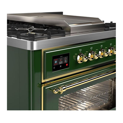 ILVE Majestic II 36 inch Triple Glass Door Natural Gas Dual Fuel Range Brass Emerald Green