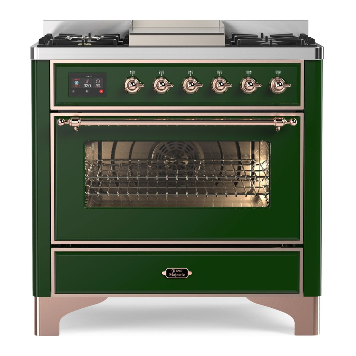 ILVE Majestic II 36" Emerald Green Dual Fuel Range with 6 Burners and Griddle Triple Glass Door Natural Gas