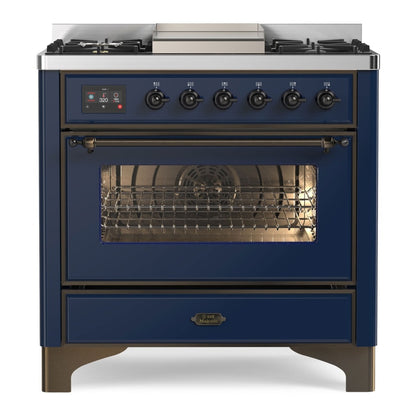 ILVE Majestic II 36 inch Triple Glass Door Natural Gas Dual Fuel Range Burnished Midnight Blue