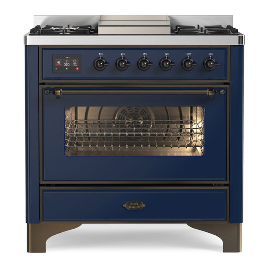 ILVE Majestic II 36" Midnight Blue Dual Fuel Range with 6 Burners and Griddle Triple Glass Door Natural Gas