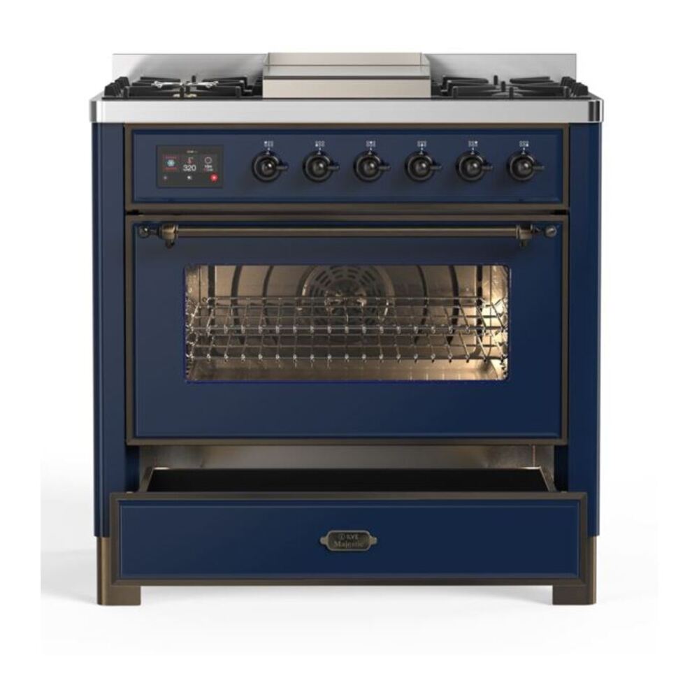 ILVE Majestic II 36 inch Triple Glass Door Natural Gas Dual Fuel Range Burnished Midnight Blue