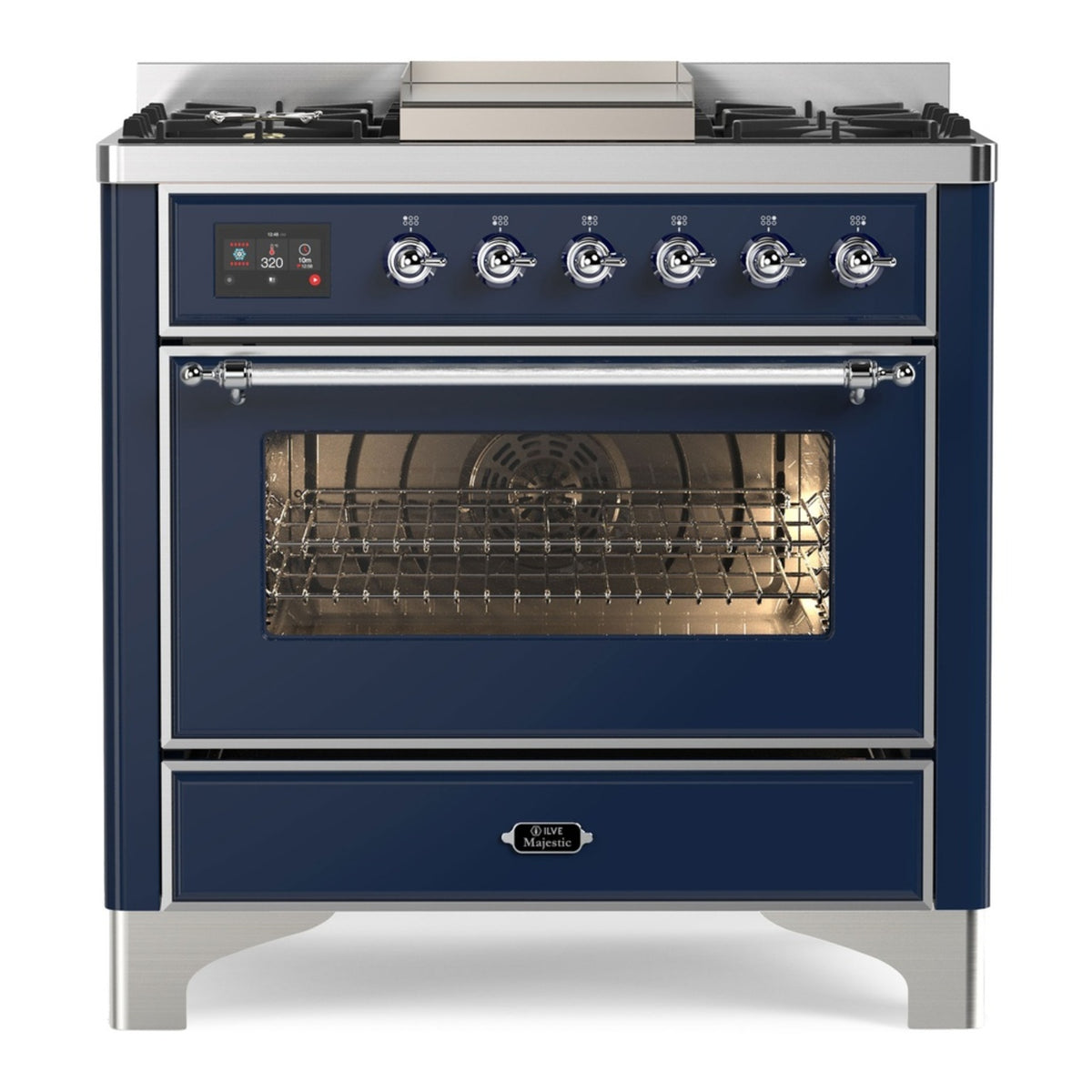 ILVE Majestic II 36" Midnight Blue Dual Fuel Range with 6 Burners and Griddle Triple Glass Door Natural Gas