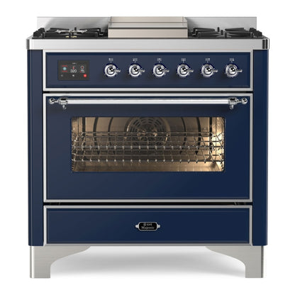 ILVE Majestic II 36 inch Triple Glass Door Natural Gas Dual Fuel Range Chrome Midnight Blue