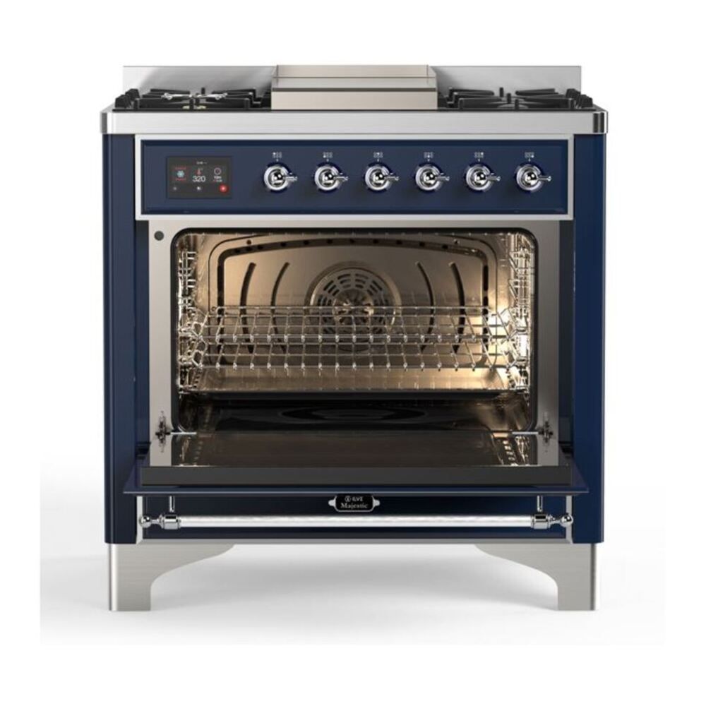 ILVE Majestic II 36 inch Triple Glass Door Natural Gas Dual Fuel Range Chrome Midnight Blue