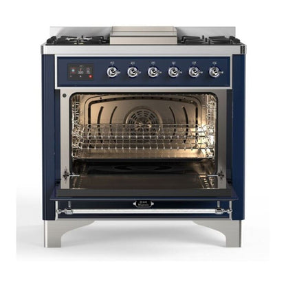 ILVE Majestic II 36 inch Triple Glass Door Natural Gas Dual Fuel Range Chrome Midnight Blue