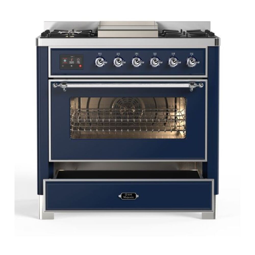 ILVE Majestic II 36 inch Triple Glass Door Natural Gas Dual Fuel Range Chrome Midnight Blue