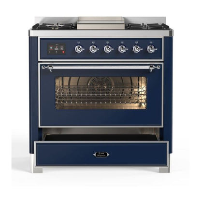 ILVE Majestic II 36 inch Triple Glass Door Natural Gas Dual Fuel Range Chrome Midnight Blue