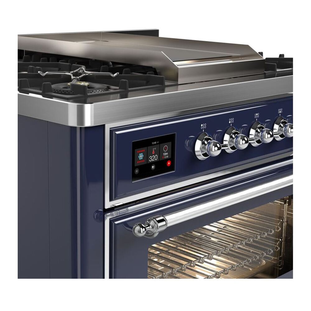 ILVE Majestic II 36 inch Triple Glass Door Natural Gas Dual Fuel Range Chrome Midnight Blue
