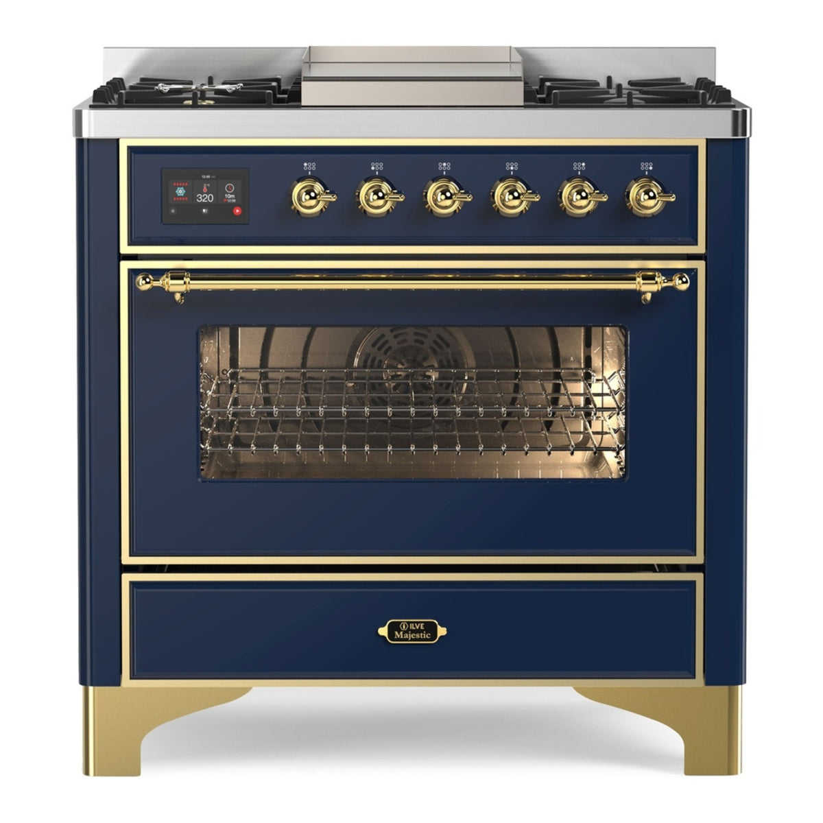 ILVE Majestic II 36" Midnight Blue Dual Fuel Range with 6 Burners and Griddle Triple Glass Door Natural Gas