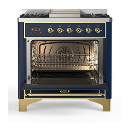 ILVE Majestic II 36 inch Triple Glass Door Natural Gas Dual Fuel Range Brass Midnight Blue