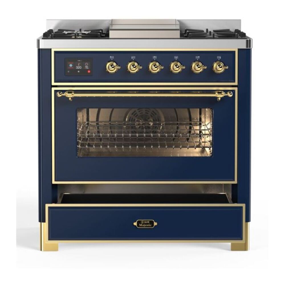 ILVE Majestic II 36 inch Triple Glass Door Natural Gas Dual Fuel Range Brass Midnight Blue
