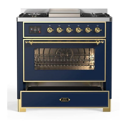 ILVE Majestic II 36 inch Triple Glass Door Natural Gas Dual Fuel Range Brass Midnight Blue