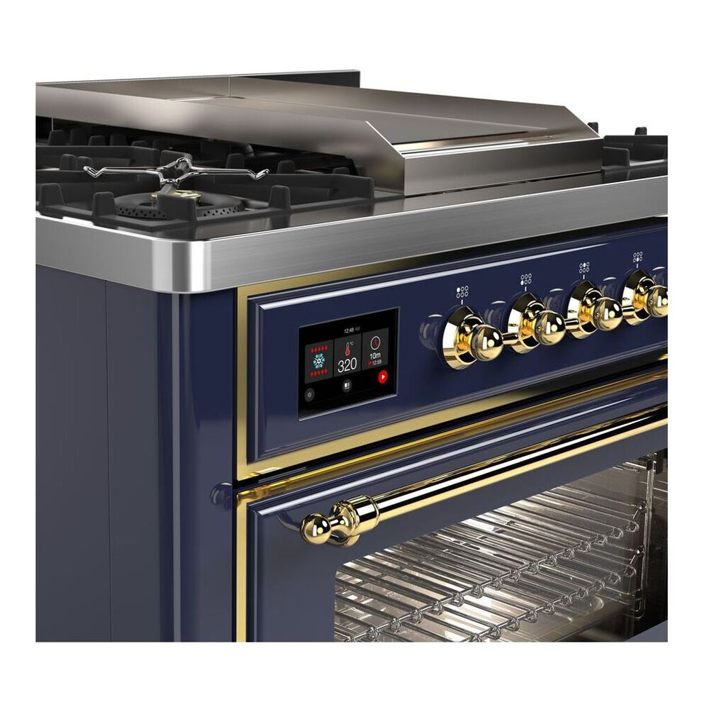 ILVE Majestic II 36 inch Triple Glass Door Natural Gas Dual Fuel Range Brass Midnight Blue