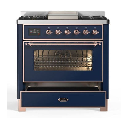 ILVE Majestic II 36 inch Triple Glass Door Natural Gas Dual Fuel Range Copper Midnight Blue