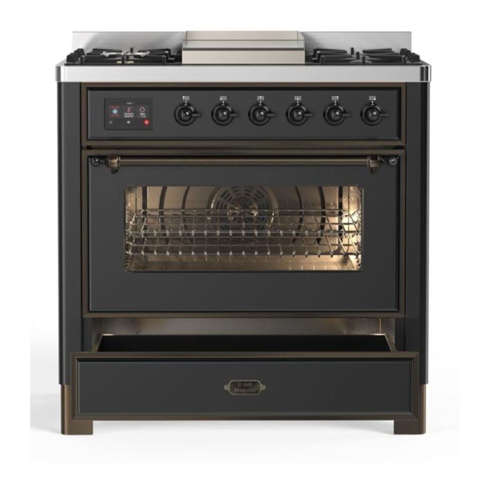 ILVE Majestic II 36 inch Triple Glass Door Natural Gas Dual Fuel Range Burnished Graphite Matte