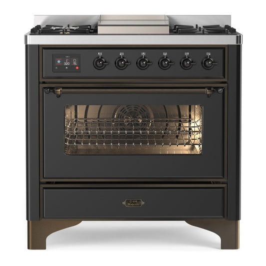 ILVE Majestic II 36" Graphite Matte Dual Fuel Range with 6 Burners and Griddle Triple Glass Door Natural Gas