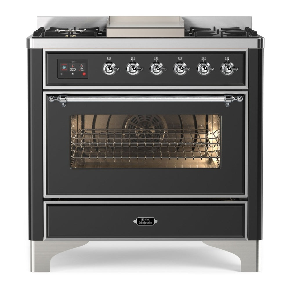 ILVE Majestic II 36 inch Triple Glass Door Natural Gas Dual Fuel Range Chrome Graphite Matte